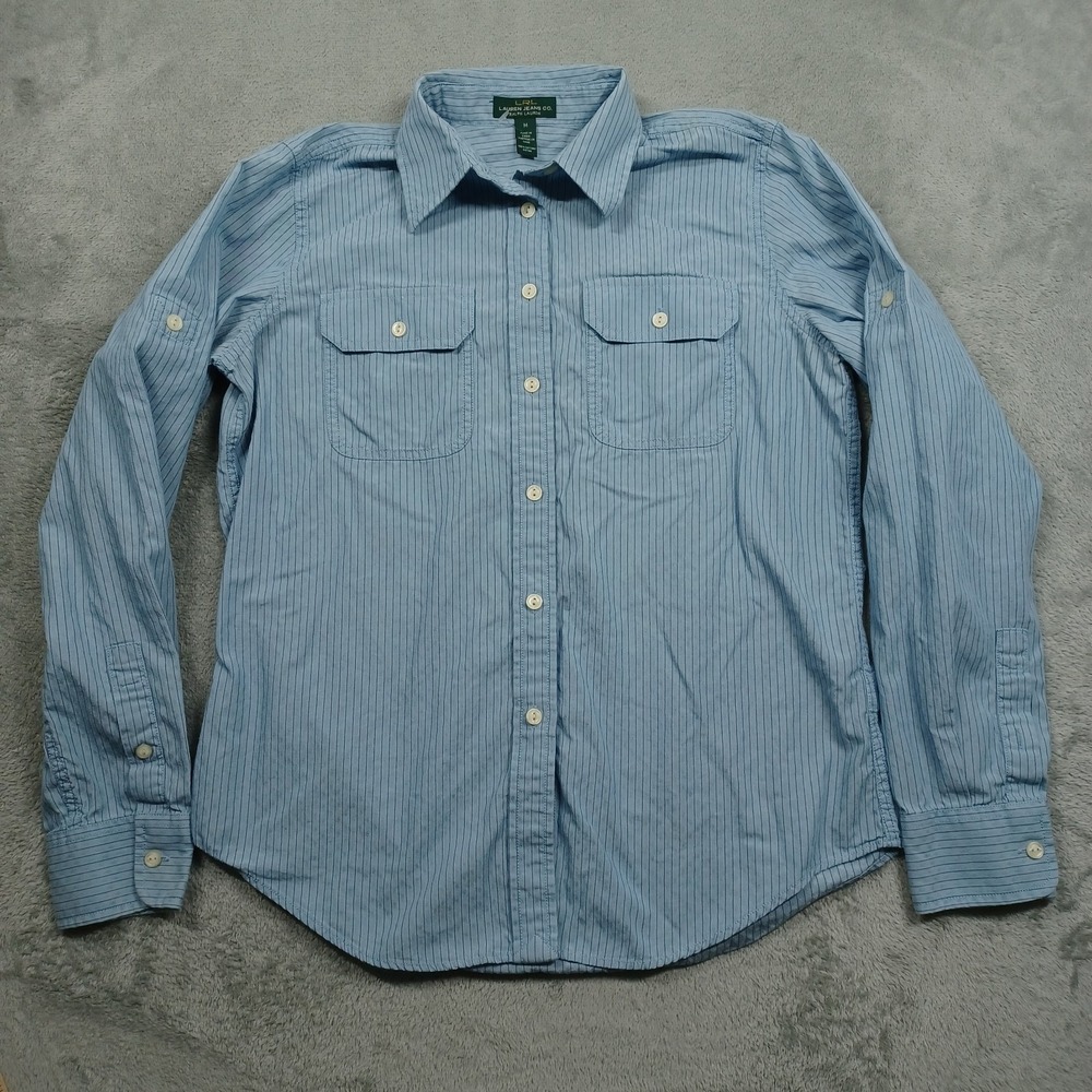Lauren Ralph Lauren Top Womens Medium Blue‎ Striped Button Up Pockets